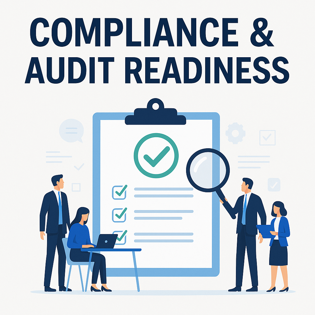 Illustration of four businesspeople with a large checklist clipboard showing completed checkboxes and a magnifying glass, under the heading Compliance & Audit Readiness.