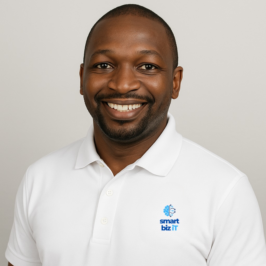 Smiling man wearing a white polo shirt with a blue 'smart biz IT' logo on the chest.