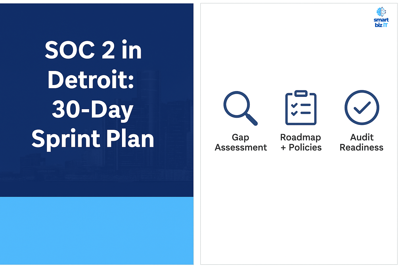 SOC 2 in Detroit: 30-Day Sprint Plan with icons for Gap Assessment, Roadmap and Policies, and Audit Readiness, and smart biz IT logo.