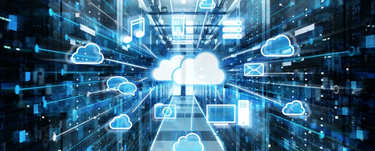 Data center hallway with floating cloud computing and technology icons overlaid in blue tones.