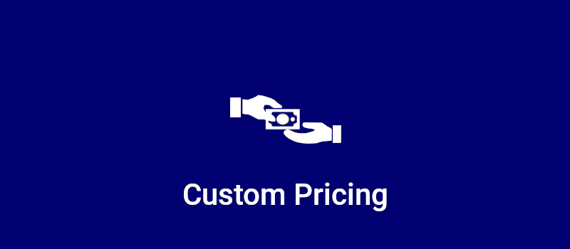 Icon of one hand giving money to another above the text Custom Pricing on a dark blue background.