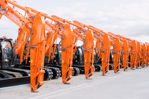 Reihen von Hitachi Baggern, die für den Einsatz auf einer Baustelle bereitstehen. Diese modernen und leistungsstarken Maschinen sind ideal für verschiedenste Bauprojekte und demonstrieren die Effizienz und Zuverlässigkeit von Hitachi Baumaschinen