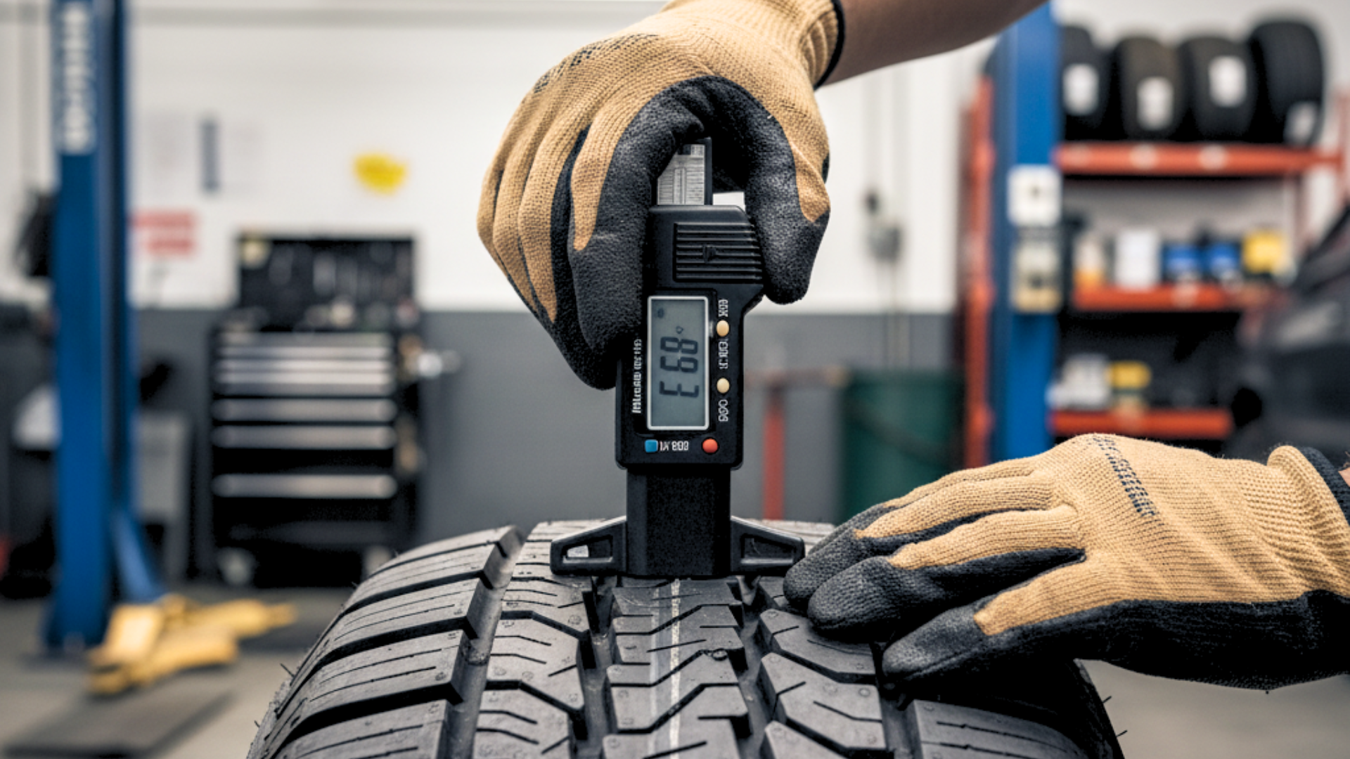 Hand wearing work gloves measuring tire tread depth with a digital gauge in an auto repair shop.