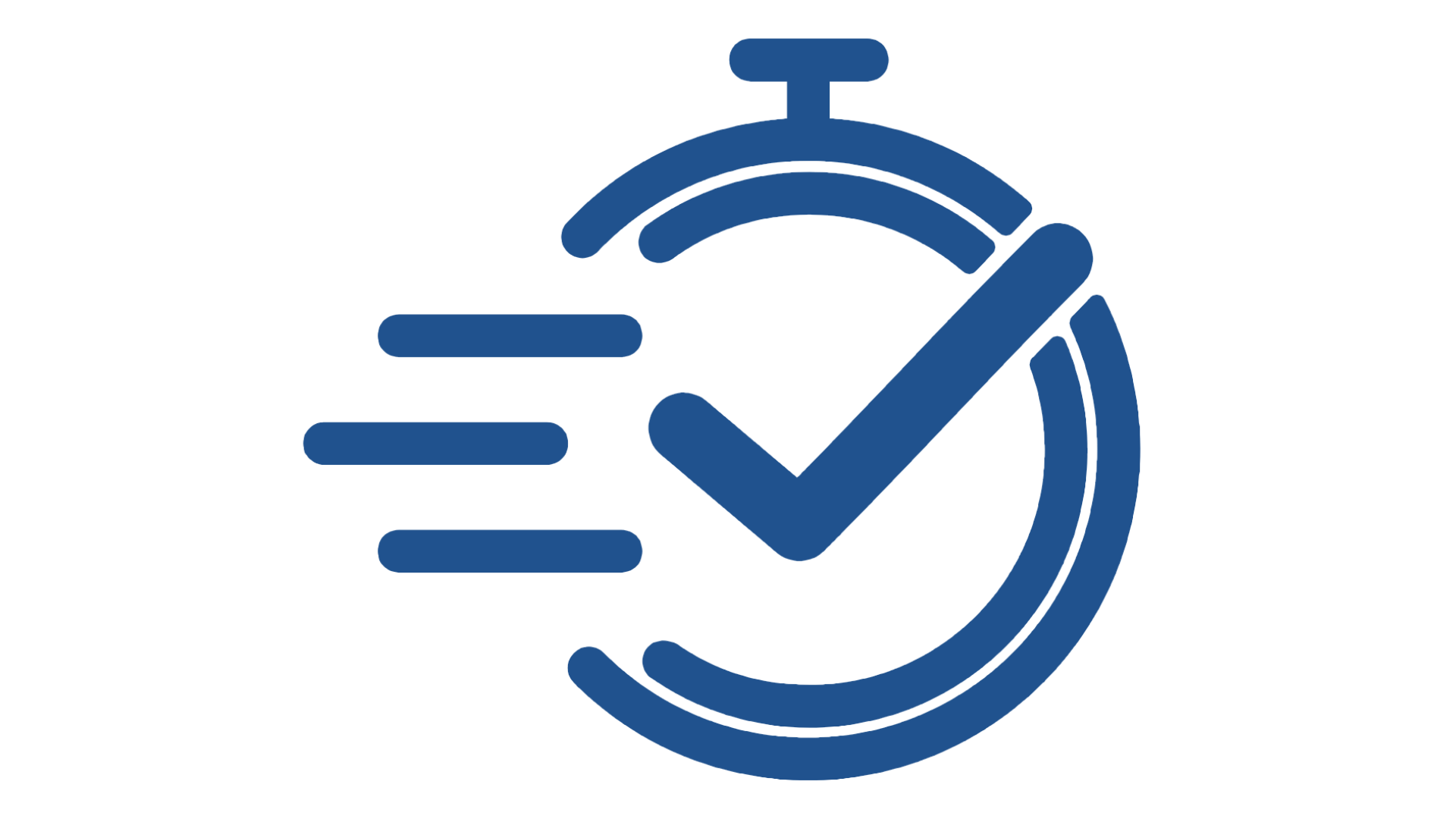 Blue stopwatch icon with a checkmark and three horizontal lines indicating speed or quick completion.