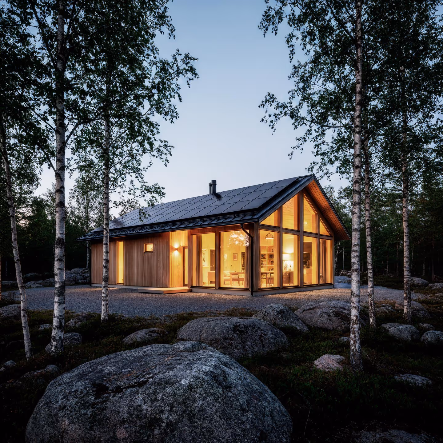 Moderni puutalo, jossa on suuret ikkunat ja lämmin valaistus, ympäröivien puiden ja kivien ympäröimä iltahämärässä.