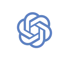 OpenAI logo with interlocking geometric shapes forming a circular pattern in blue.