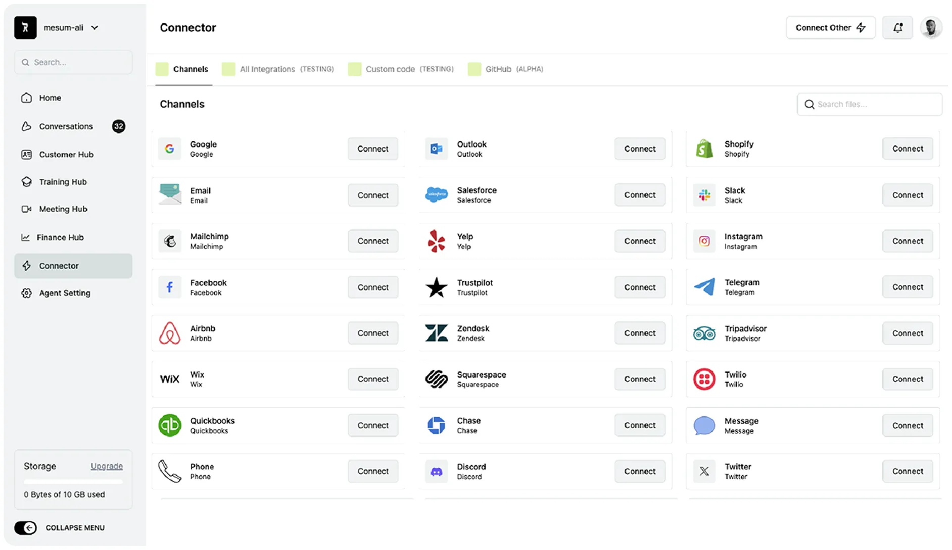 User interface screen showing Connector settings with options to connect channels like Google, Email, Mailchimp, Facebook, Airbnb, Wix, Quickbooks, Phone, Outlook, Salesforce, Yelp, Trustpilot, Zendesk, Squarespace, Chase, Discord, Shopify, Slack, Instagram, Telegram, Tripadvisor, Twilio, Message, and Twitter.