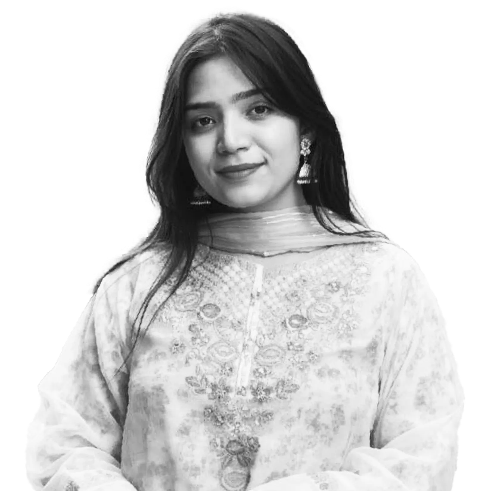 Young woman with long dark hair, wearing traditional embroidered clothing and earrings, smiling gently.