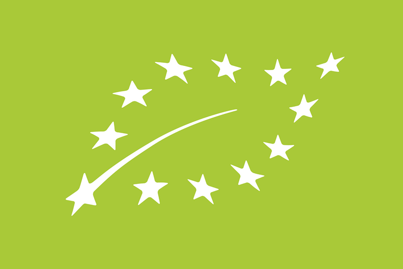 EU-Bio-Logo mit grünem Blatt aus Sternen.