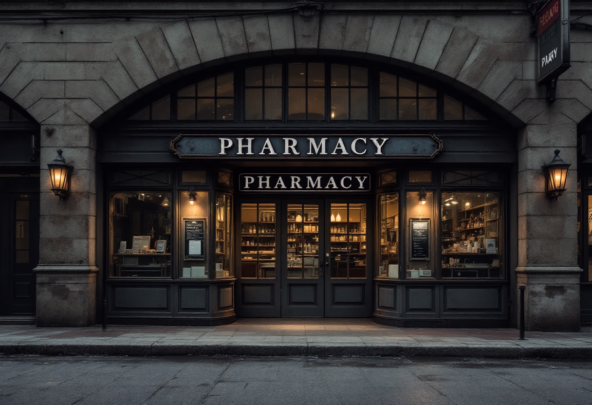 [background image] historic pharmacy building or storefront