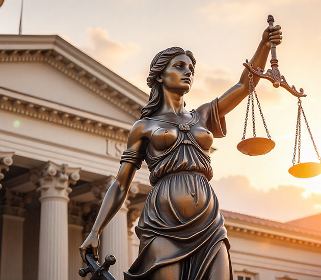 Bronze statue of Lady Justice holding balance scales and a sword in front of a classical courthouse at sunset.