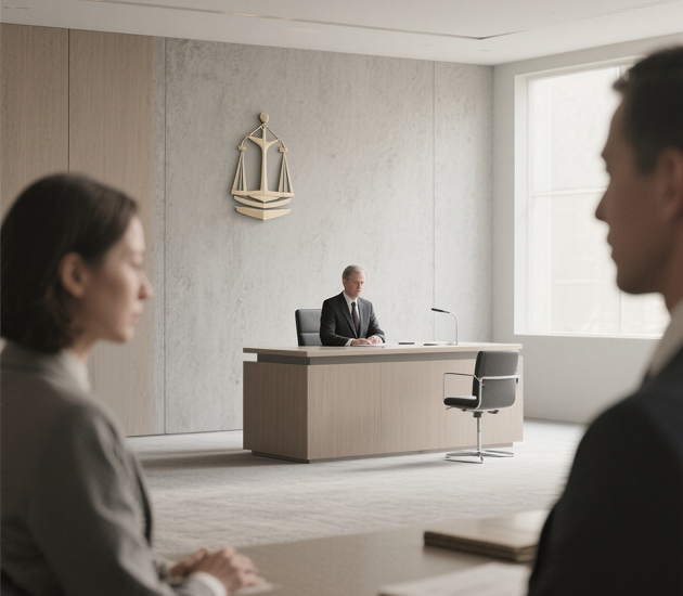 A judge seated behind a desk in a courtroom with a scale of justice emblem on the wall, with two blurred individuals in the foreground facing each other.