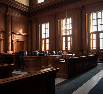 Empty courtroom with wooden benches, chairs, and tall windows letting in natural light.
