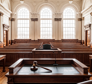 Empty courtroom with wooden benches, judge's bench, and a gavel on a desk.