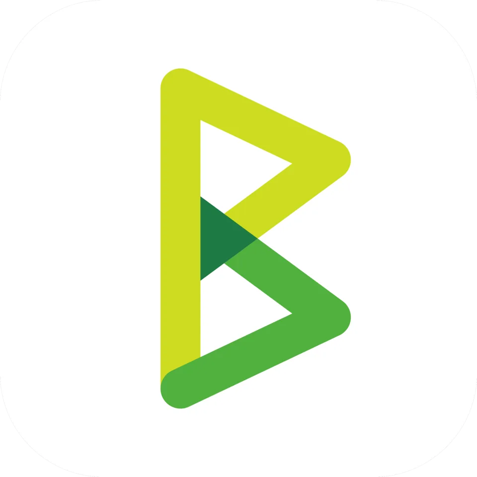 Stylized letter B logo composed of overlapping green and lime green triangular shapes on a white rounded square background.