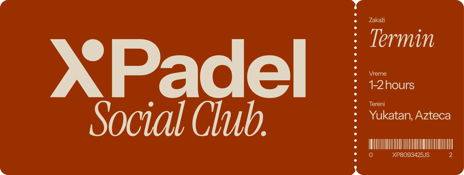 Ticket for XPadel Social Club with event duration 1-2 hours and locations Yukatan and Azteca, including barcode and code XP8093425JS.