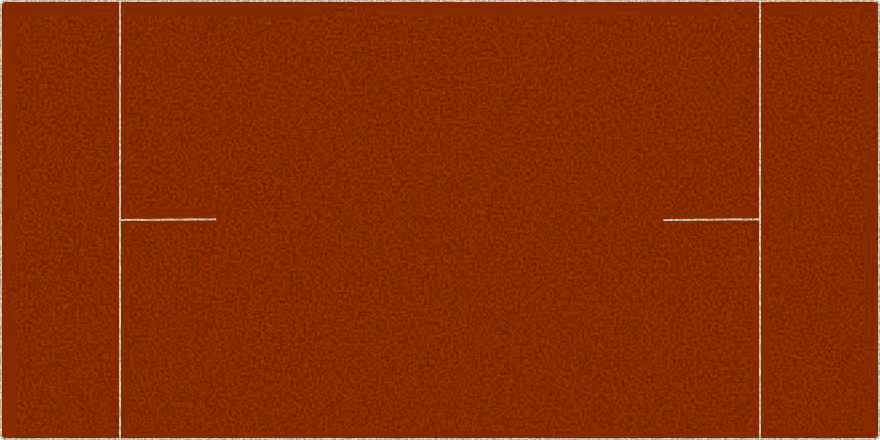 Empty brown clay tennis court with white boundary and service lines.