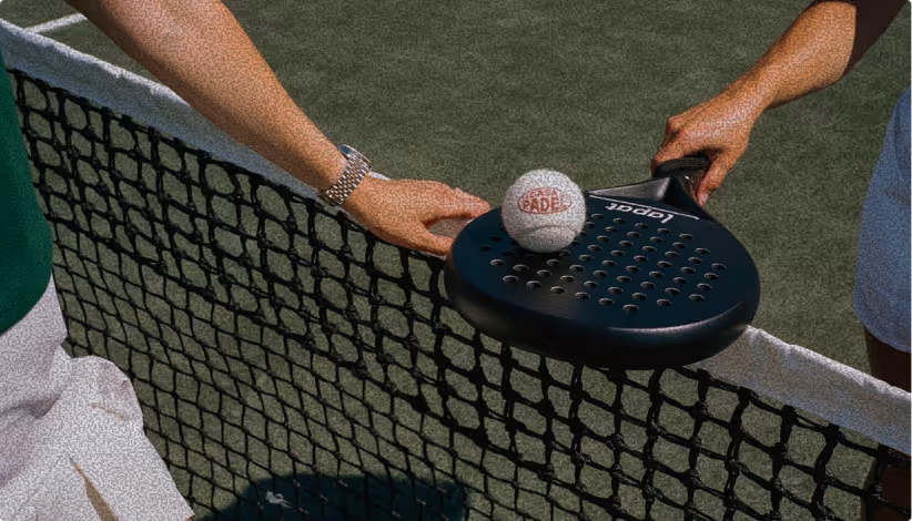 Two people exchanging a black paddle racket with a white ball over a tennis net on a green court.