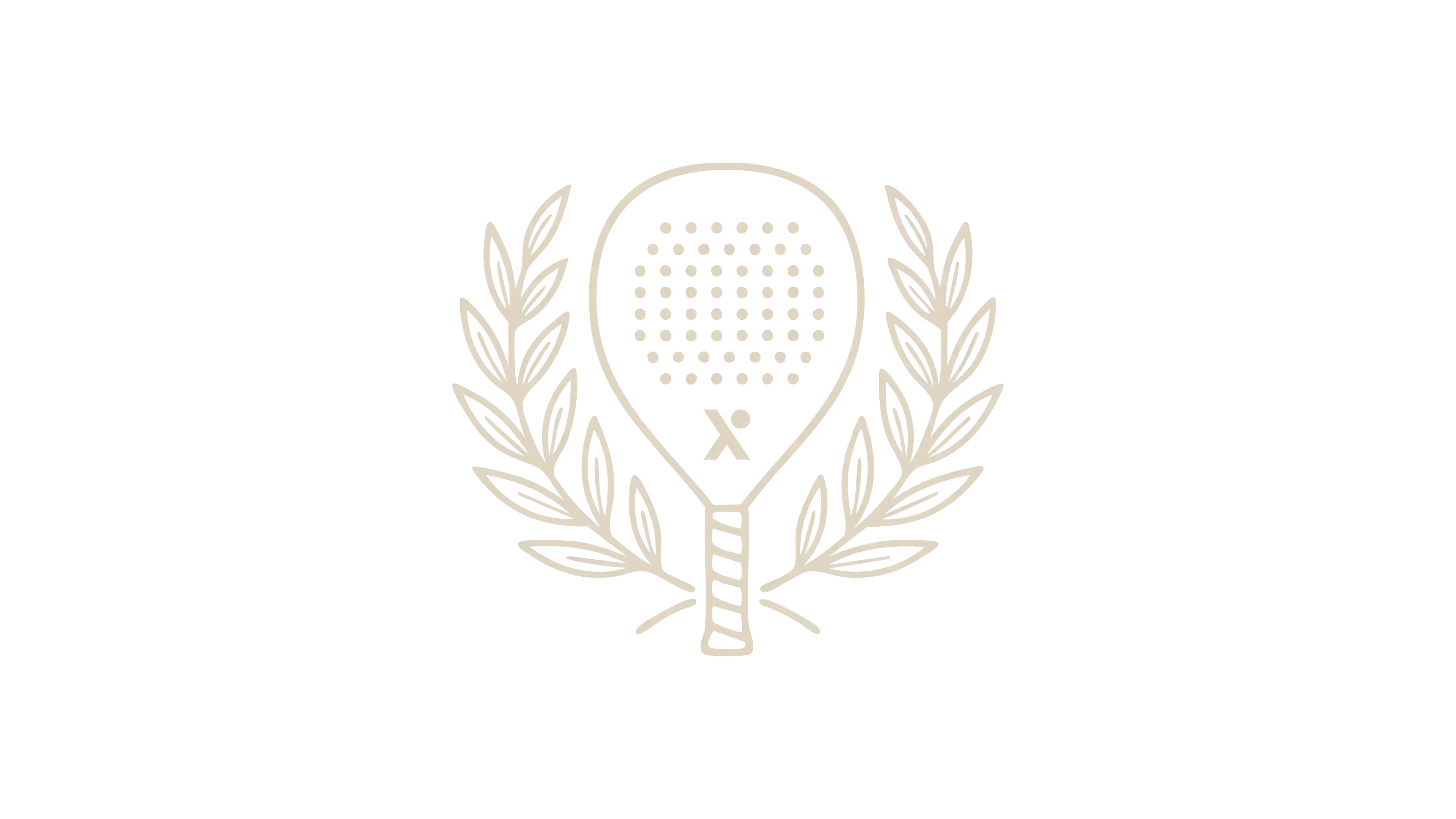 Outline of a padel racket with dot patterns and a small figure inside, flanked by two laurel branches.