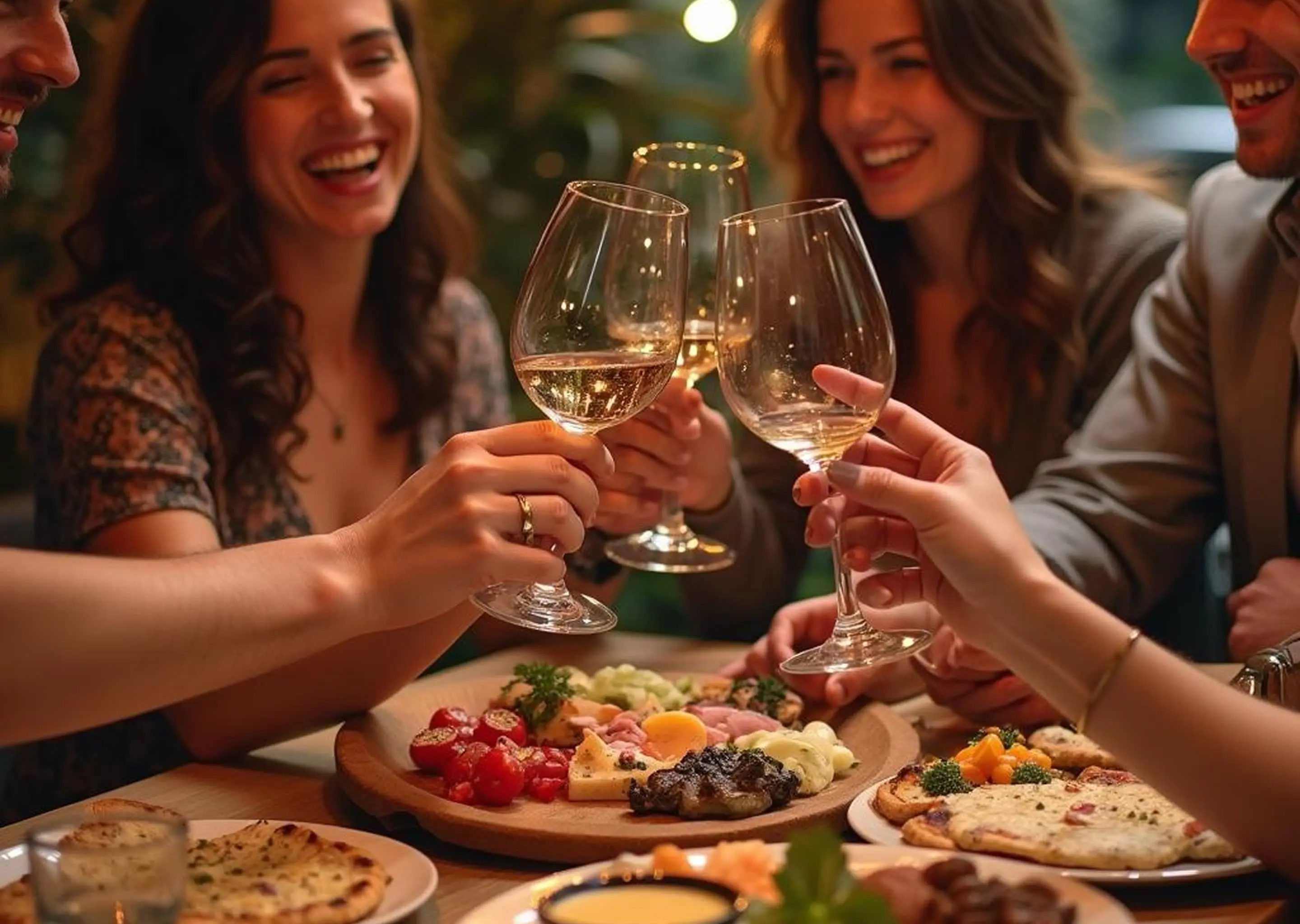 People celebrating with wine glassed and shared platters