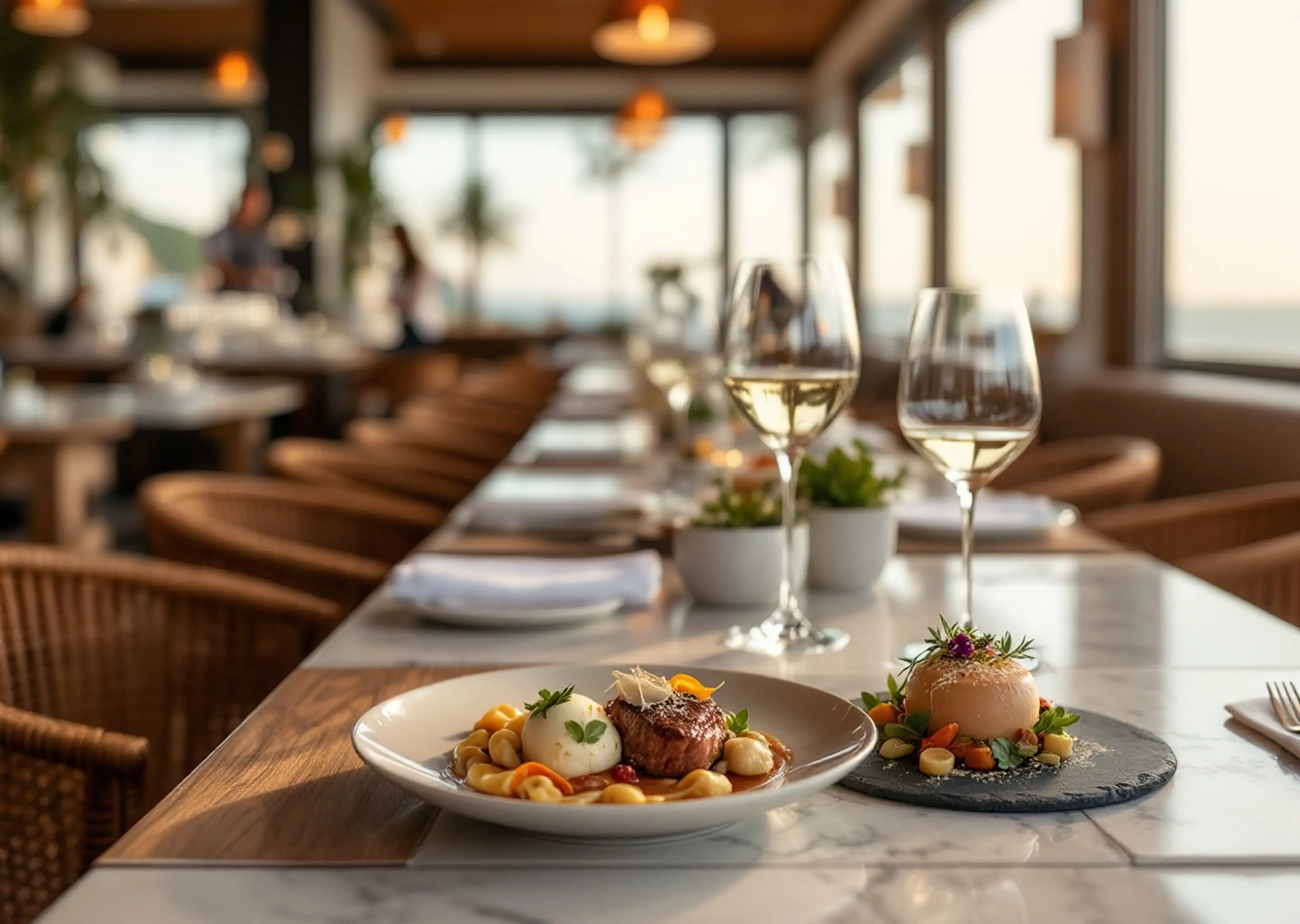 White marble table with white wine glass and main dish
