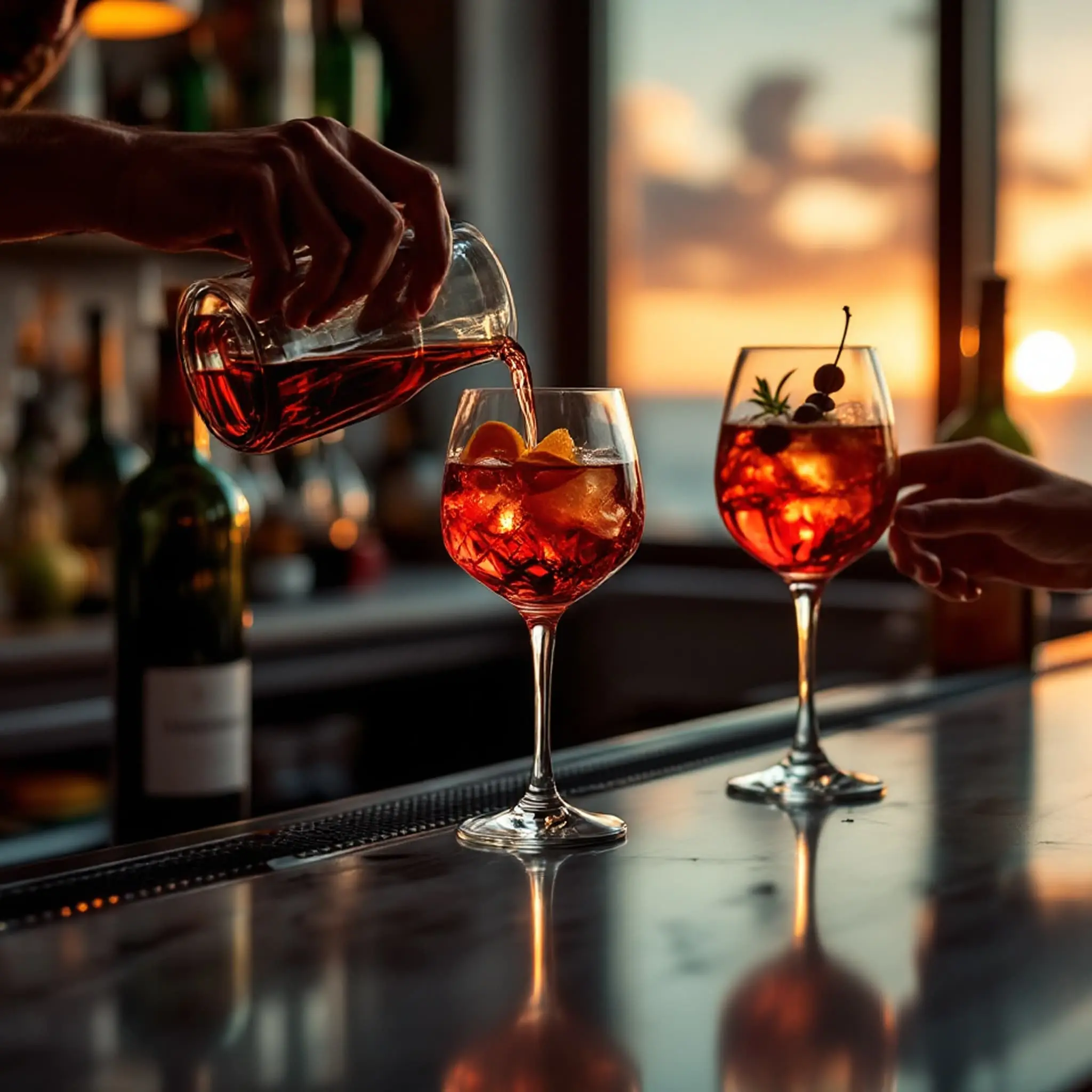 Sunset view with red cocktails being poured