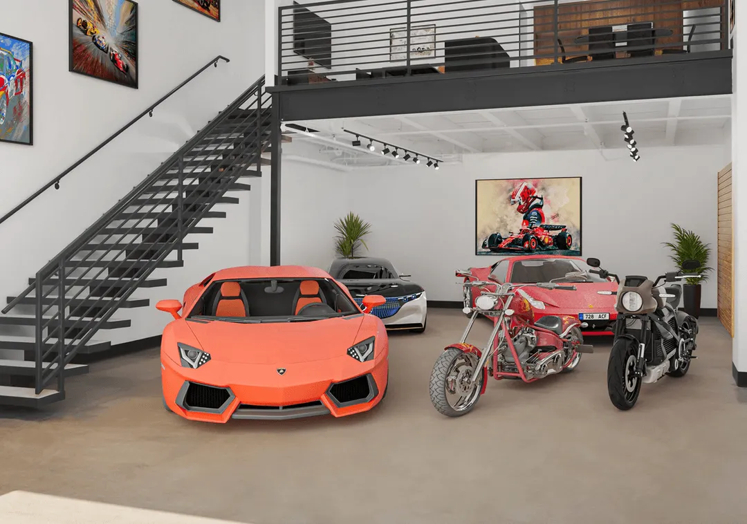 A car and a motorcycle are parked in a garage.