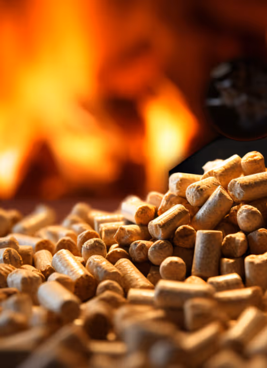 Nahaufnahme Pellets mit Flamme im Hintergrund