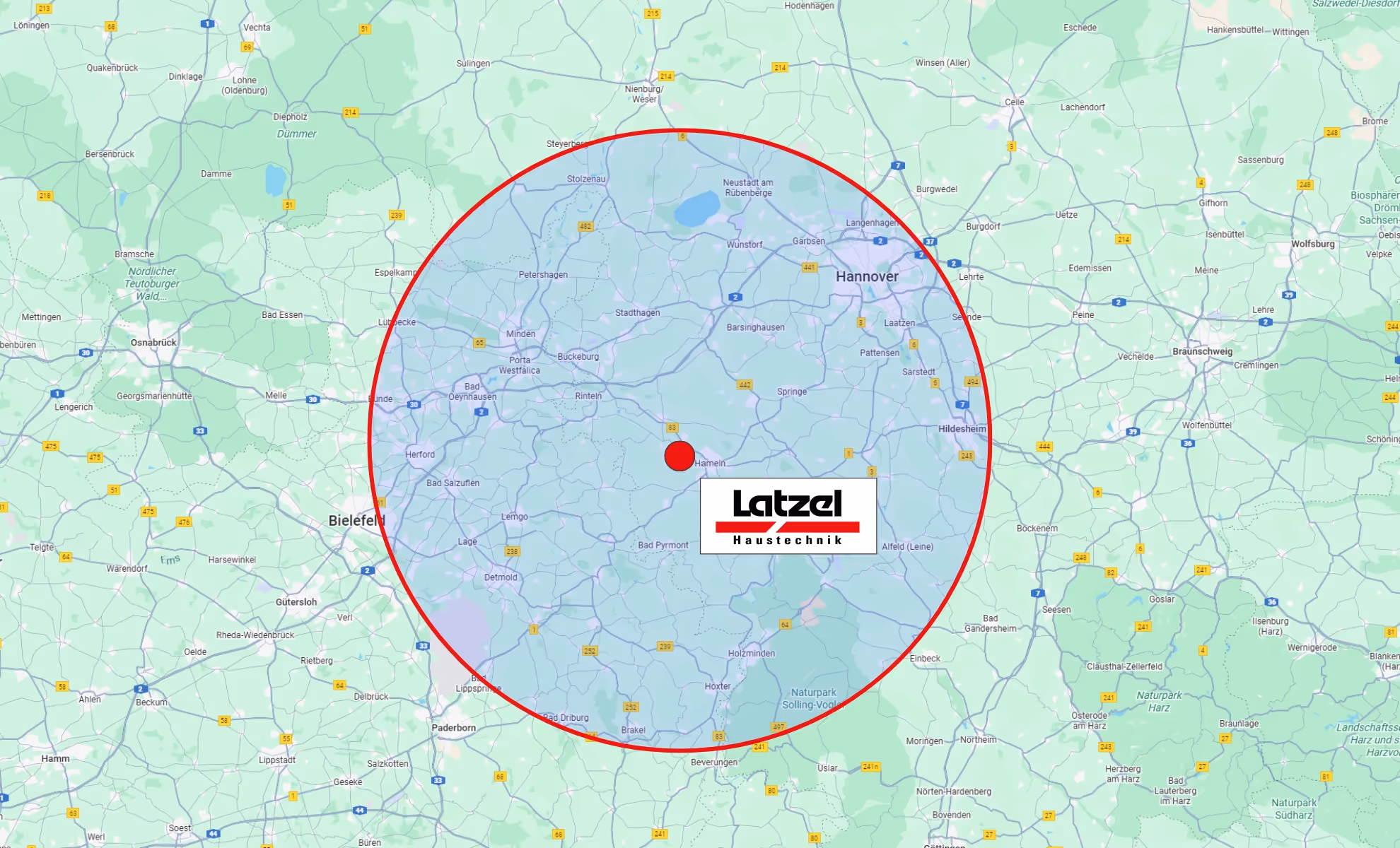 Karte mit Radius/Abdeckungsgebiet 50 km rund um Hameln inkl. Hannover.