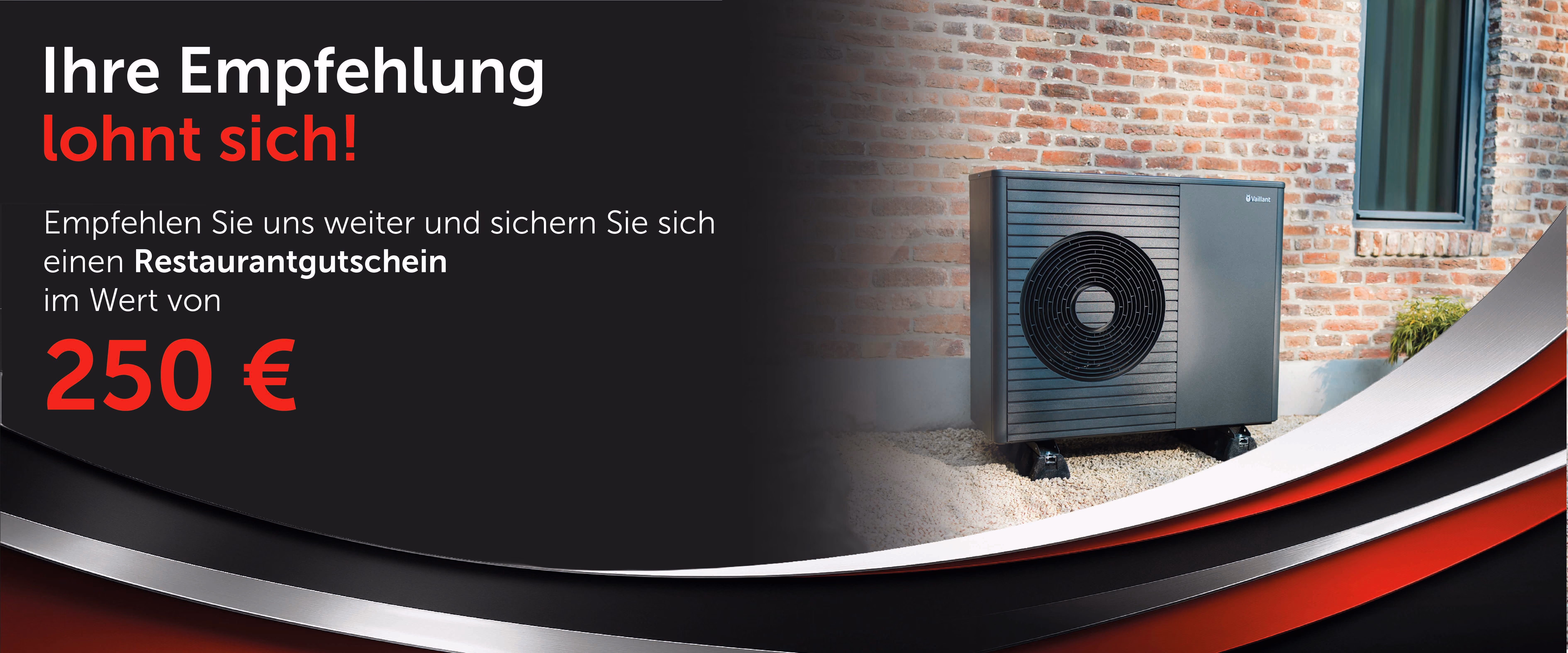 Banner mit Wärmepumpe und Infos zu Weiterempfehlung