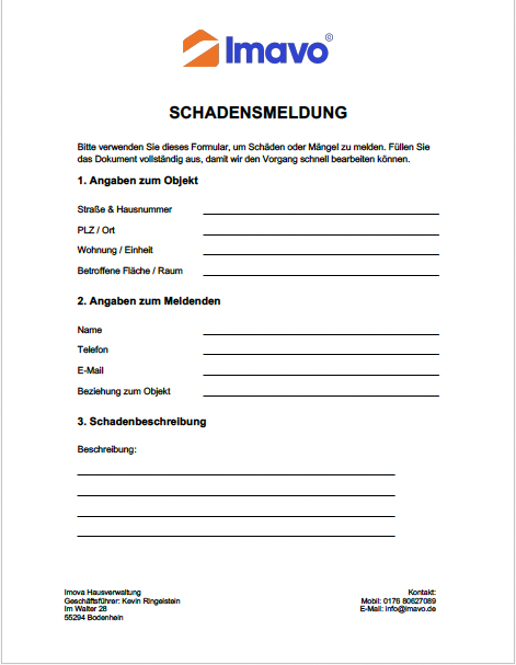 Schadensmeldung Dokument, Imav Hausverwaltung