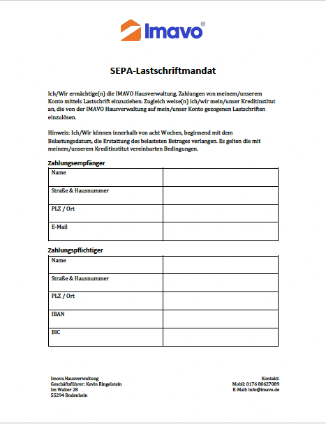 SEPA-Lastschrift Dokument, Imav Hausverwaltung