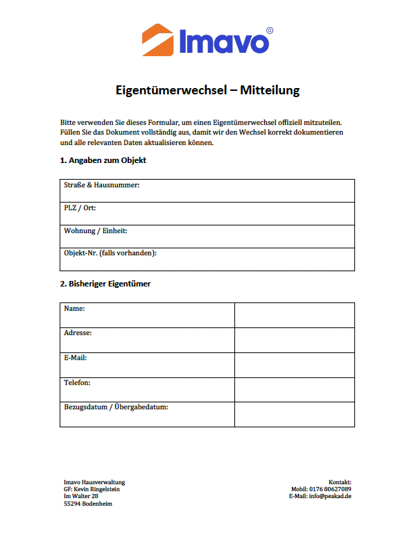 Eigentümerwechsel Dokument, Imav Hausverwaltung