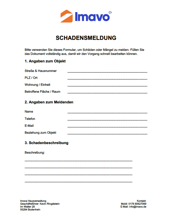 Schadensmeldung Dokument, Imav Hausverwaltung