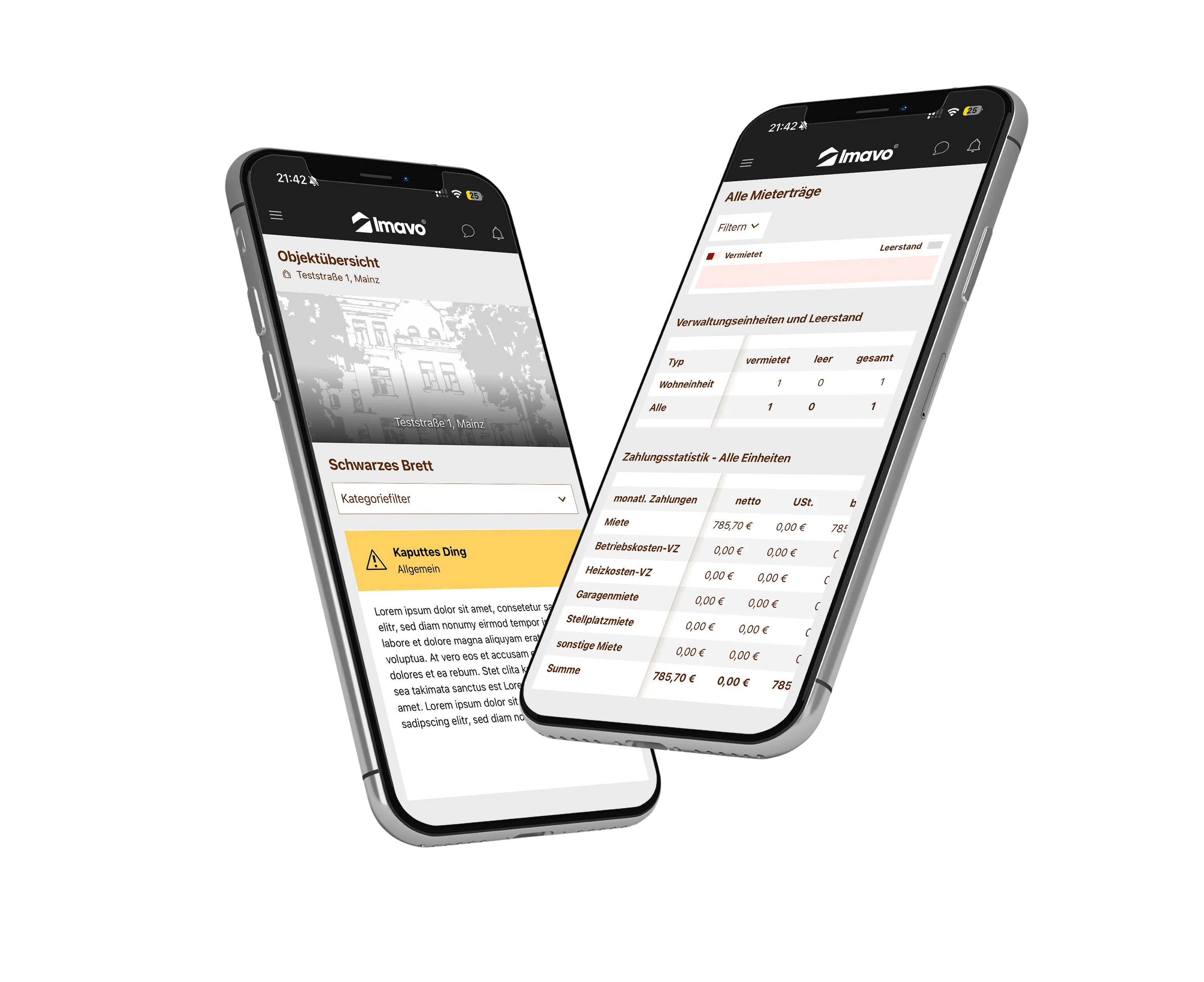 Imavo Kundenportal auf dem Smartphone mit Objektübersicht und Mieterträgen