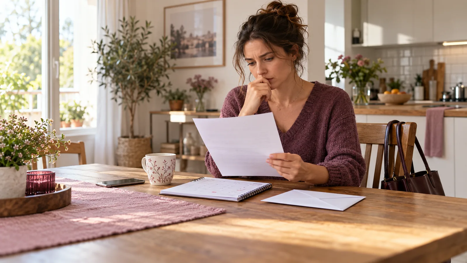Une salariée examine un courrier de son employeur, avec un calendrier et une enveloppe sur la table.