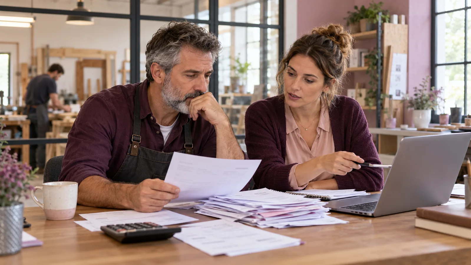 Un dirigeant et sa comptable examinent les documents financiers de leur entreprise.