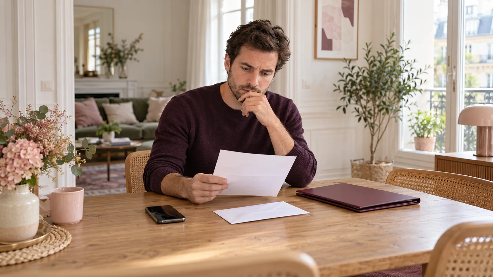 Un salarié lit une convocation à un entretien professionnel à son domicile.