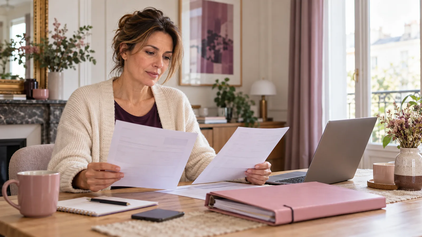 Illustration photoréaliste : une salariée à domicile compare ses documents d’indemnisation et son bulletin de paie.