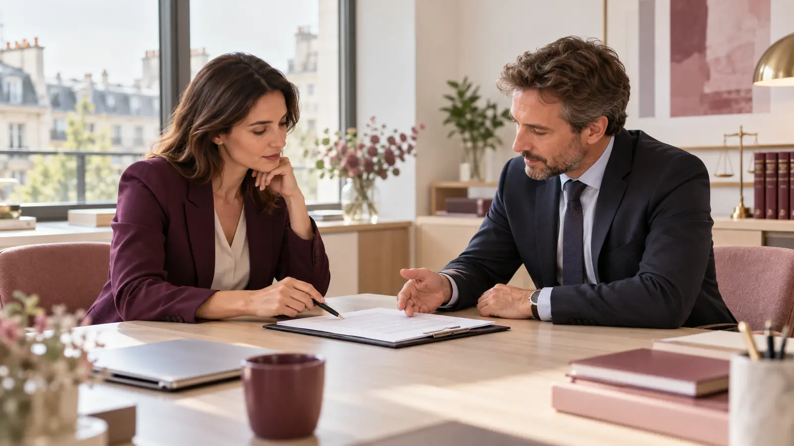 Salariée et employeur examinant ensemble un accord de rupture conventionnelle dans un bureau.