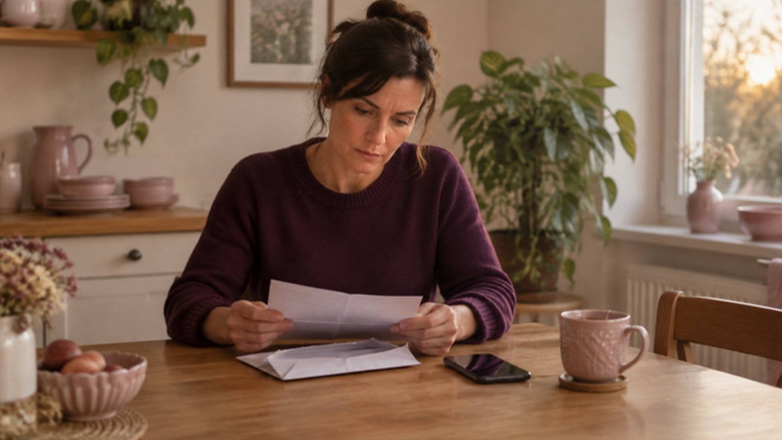 Une salariée lit à la table de sa cuisine le courrier recommandé lui notifiant sa mise à pied conservatoire, son téléphone posé à côté.