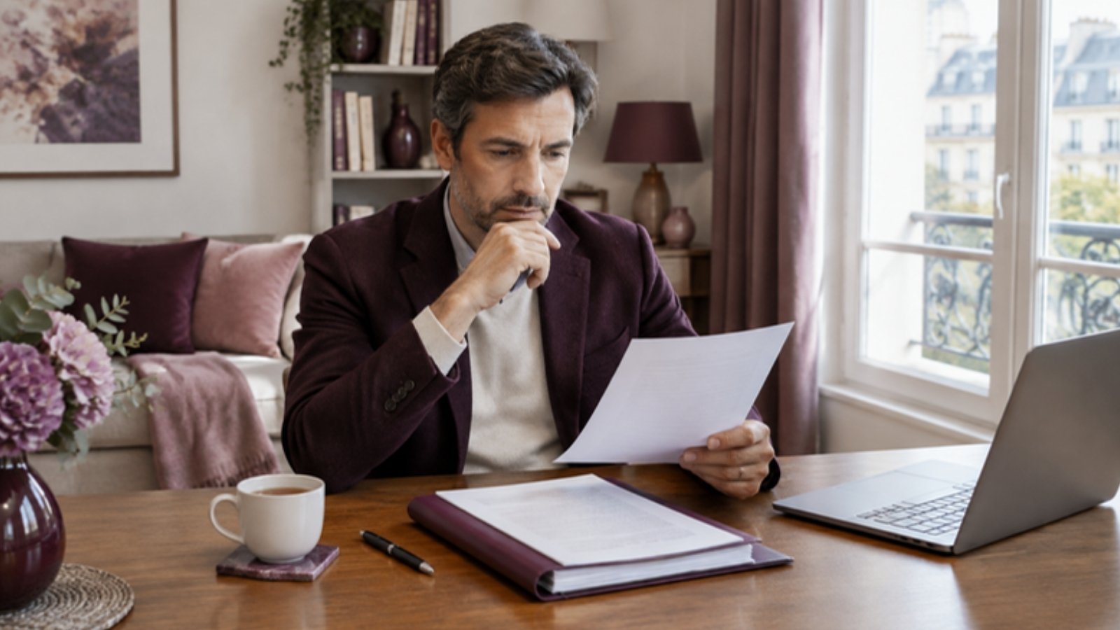 Un salarié relit à son bureau ses entretiens annuels et la lettre de licenciement lui reprochant une insuffisance professionnelle.