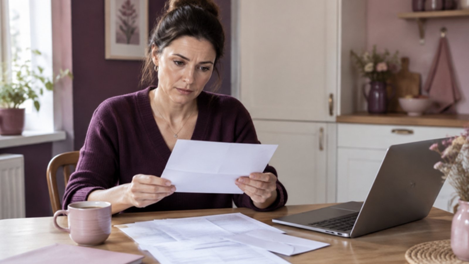 Une salariée relit à la table de sa cuisine ses bulletins de paie et une lettre avant de décider de prendre acte de la rupture de son contrat de travail.