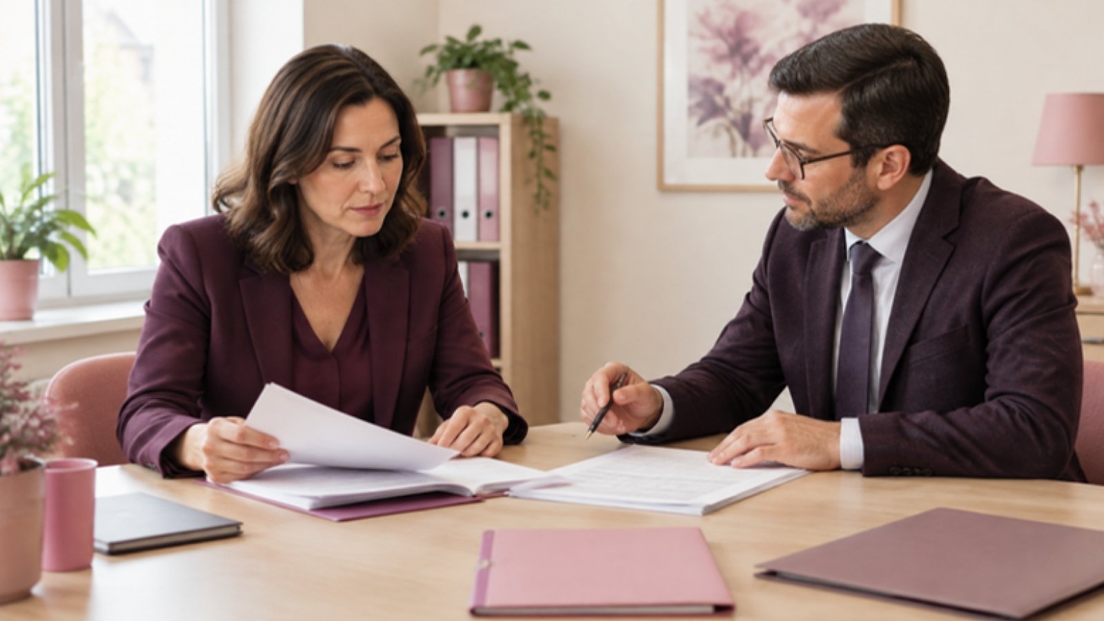 Une salariée relit son dossier et le bordereau de pièces avec un conseiller avant de saisir le conseil de prud'hommes.
