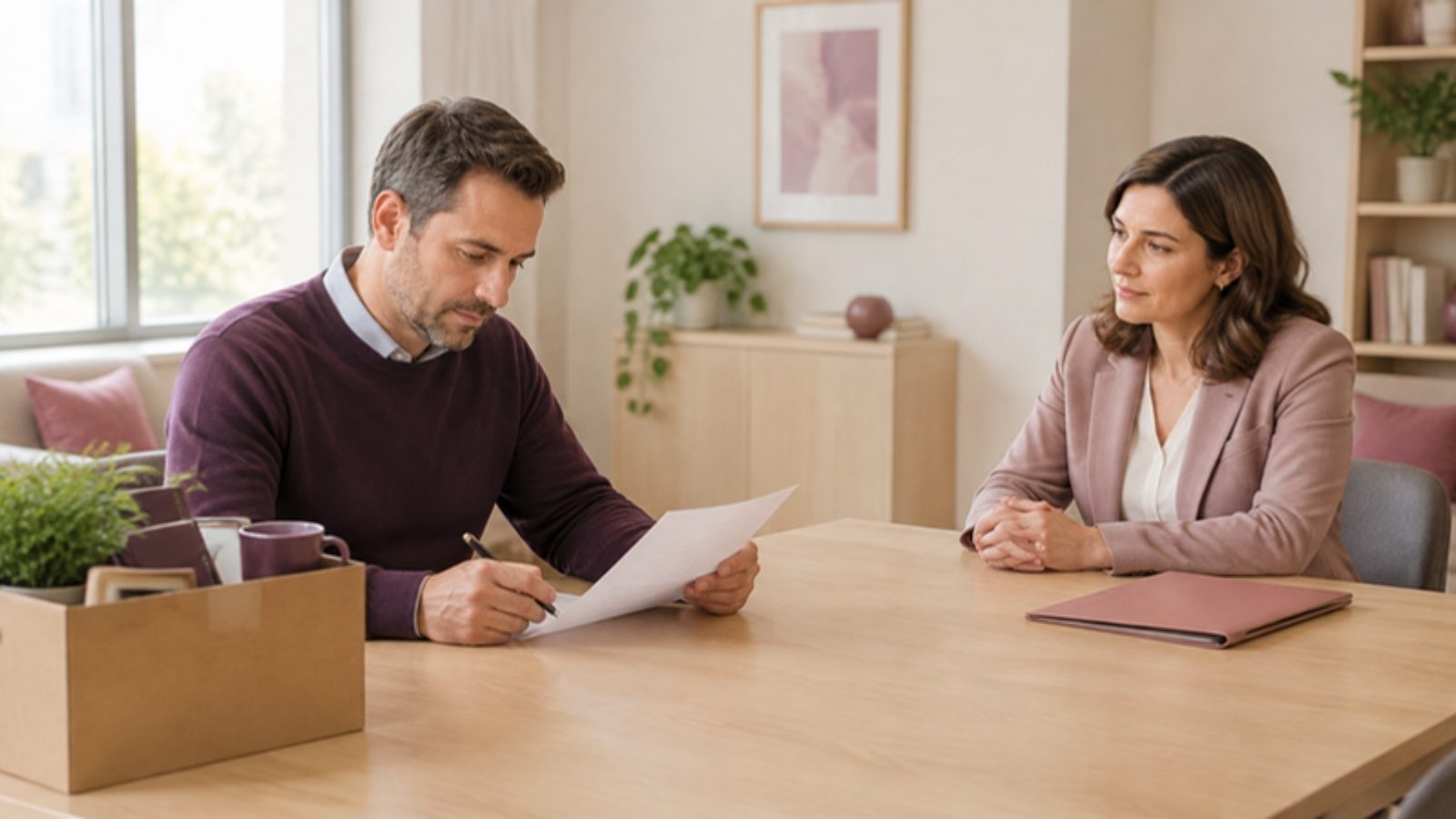 Un salarié relit le reçu pour solde de tout compte face à la responsable RH le jour de son départ de l'entreprise