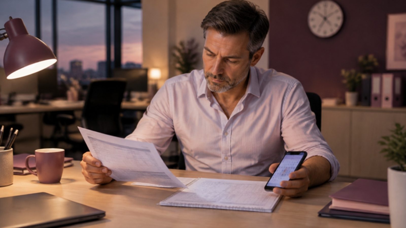 Un salarié compare le soir sa fiche de paie, son relevé d'heures et l'agenda de son téléphone pour vérifier ses heures supplémentaires non payées