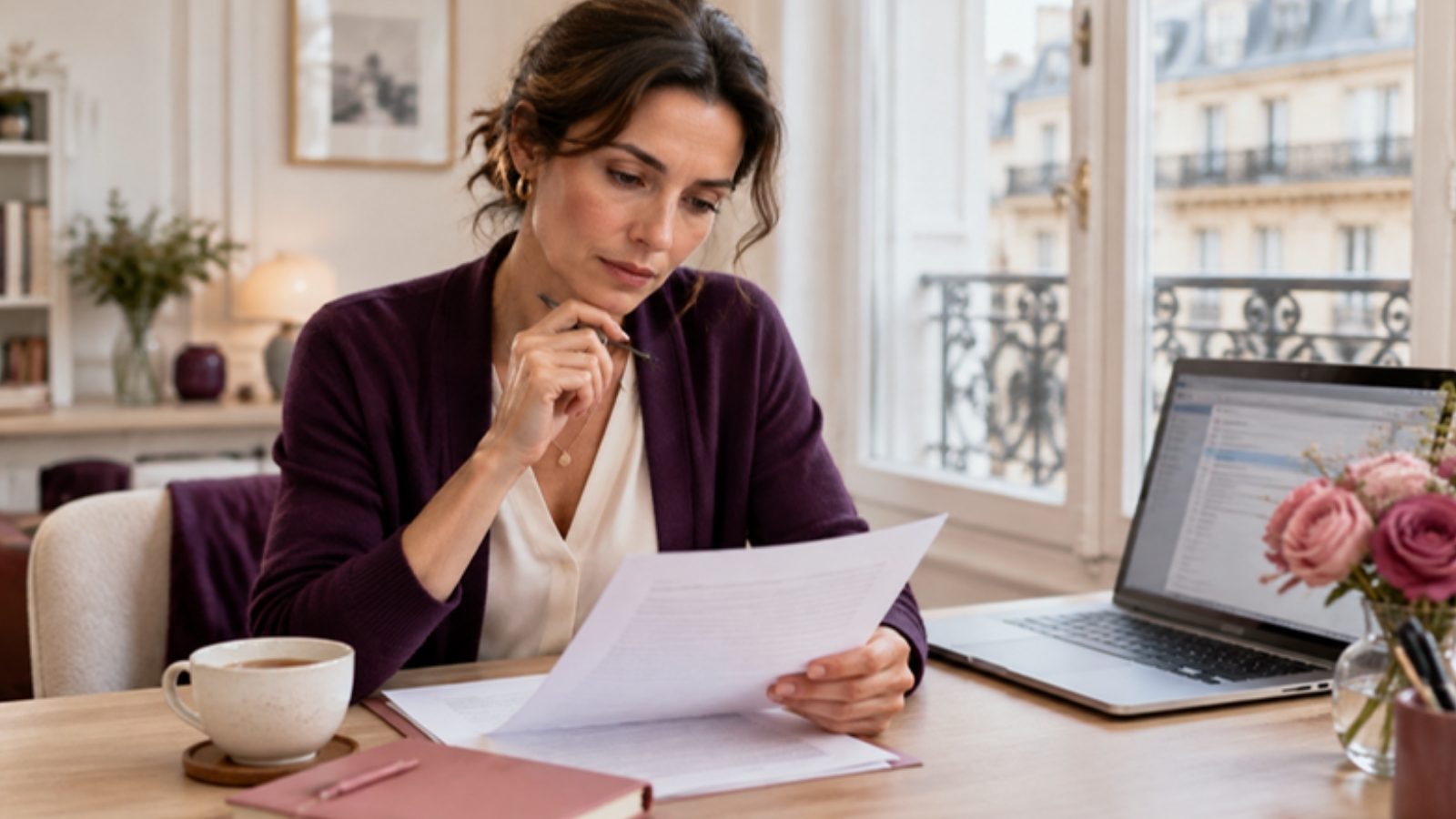 Une salariée relit attentivement la clause de non-concurrence de son contrat de travail à son bureau, une offre d'emploi ouverte sur son ordinateur