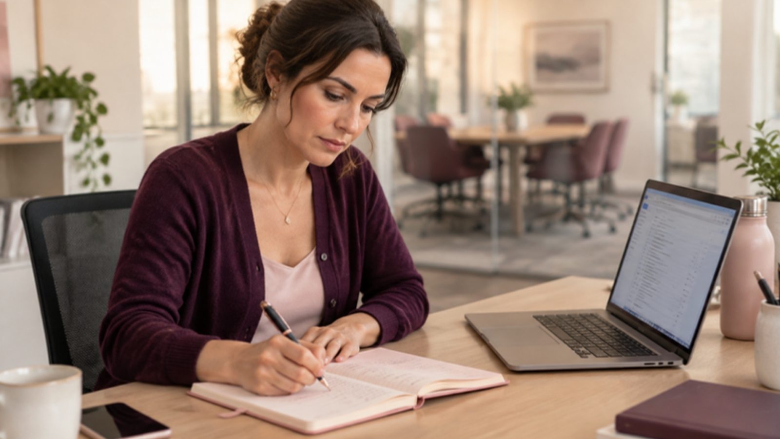 Une salariée note avec soin, dans un carnet daté, les faits qu'elle subit au travail, devant les e-mails ouverts sur son ordinateur