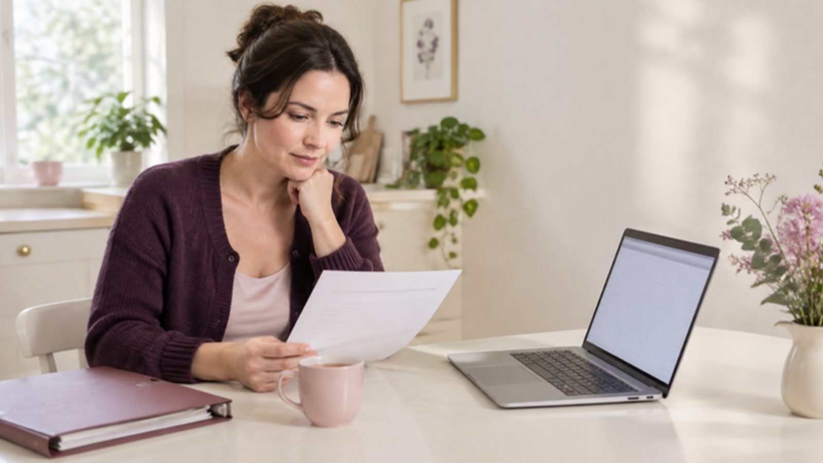 Une femme lit attentivement un courrier à la table de sa cuisine, son ordinateur ouvert à côté d'elle, pour vérifier ses droits au chômage après une démission