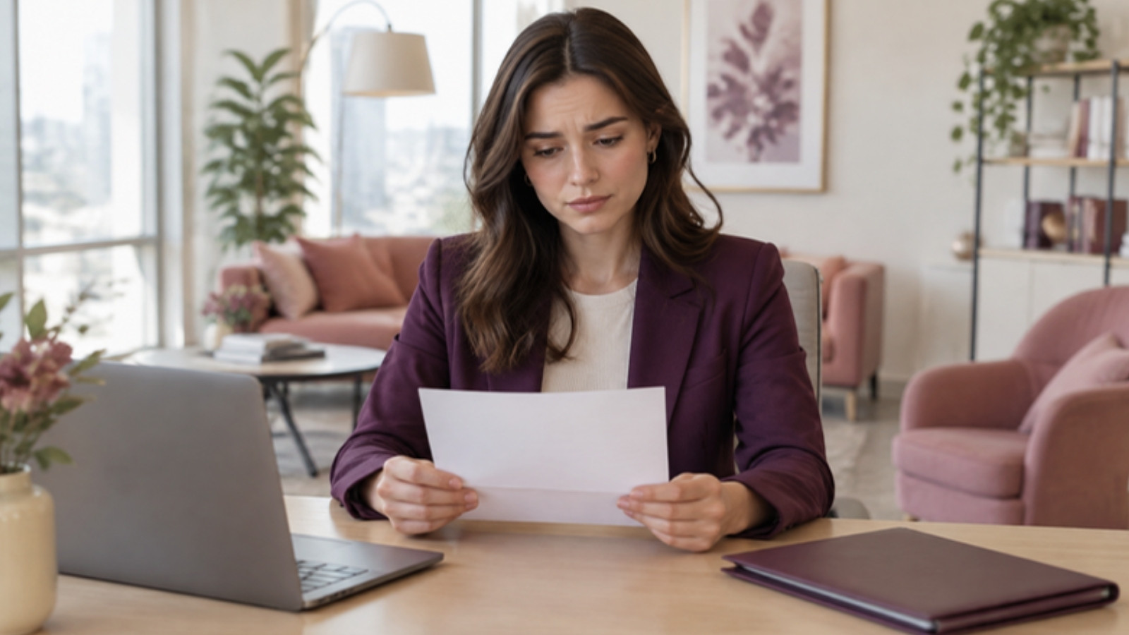 Une jeune salariée lit avec attention un courrier à son bureau, son ordinateur et son dossier de contrat à côté d'elle, quelques semaines après son embauche
